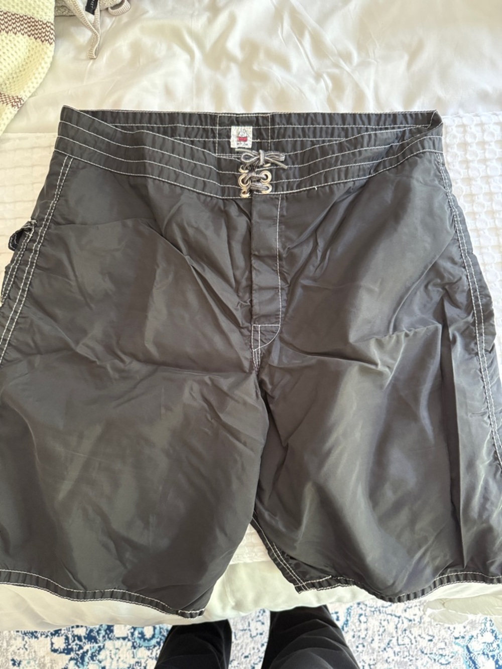 Birdwell Black Swim Board Shorts with White Stitching